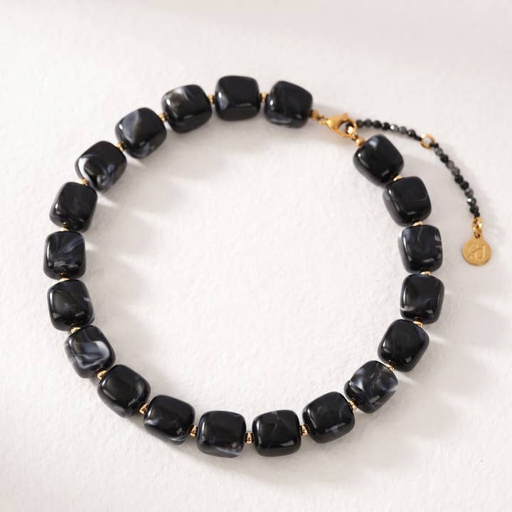 Chunky Square Bead Necklace - Black