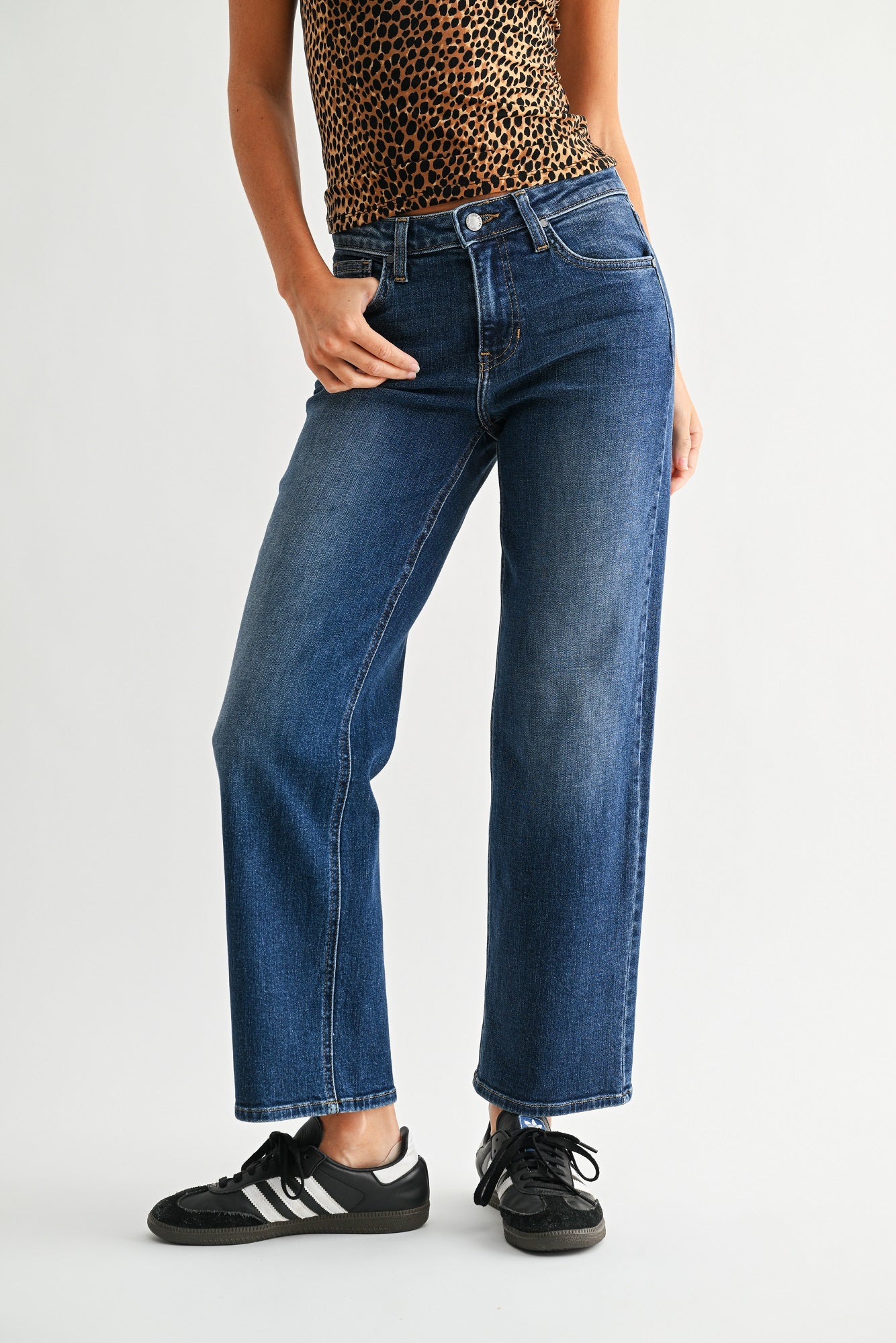 Mid Rise Slim Wide Leg Jeans - Dark Denim