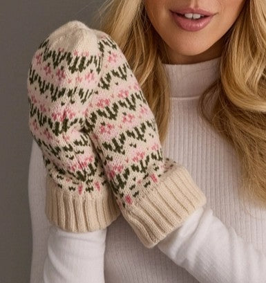 Floral Pattern Mittens - Cream & Pink