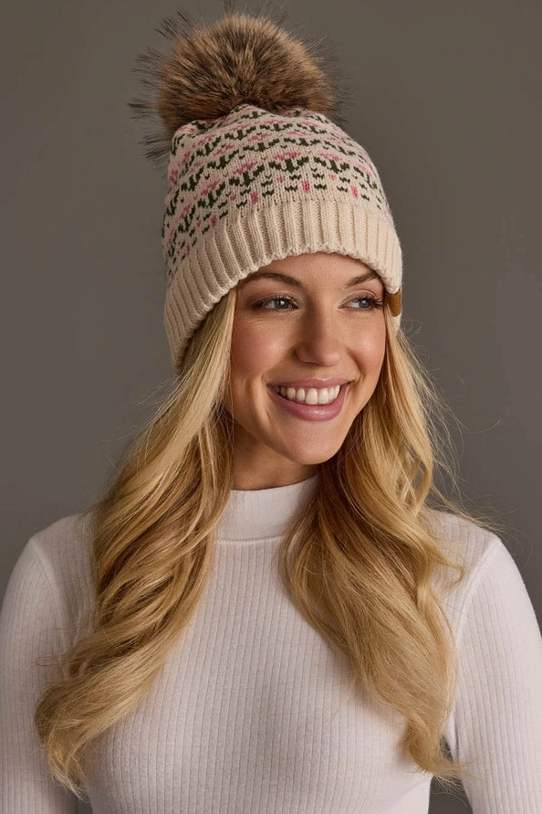 Floral Pattern Pom Hat - Cream & Pink