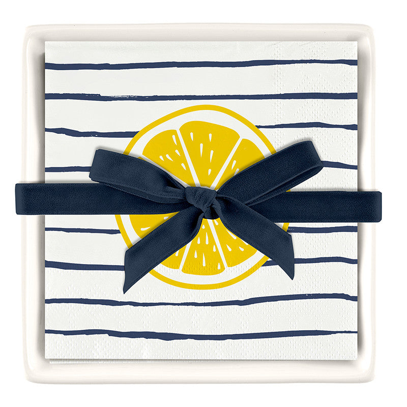 Ceramic Napkin Tray + Napkins - Striped Lemon