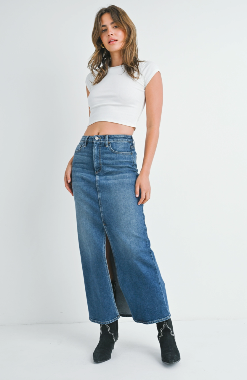 Stretch Classic Midi Skirt- Medium Denim