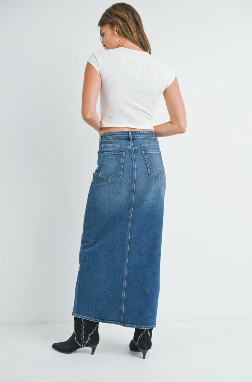 Stretch Classic Midi Skirt- Medium Denim