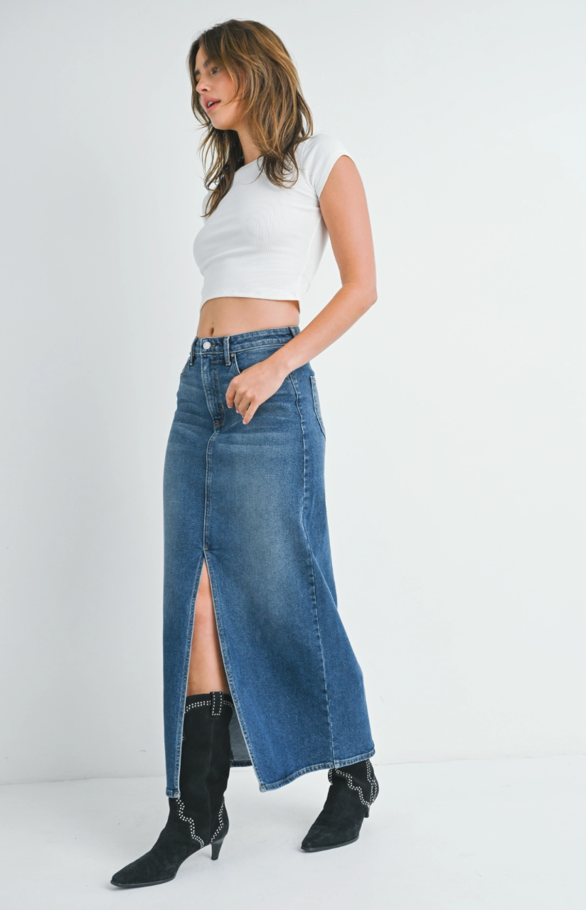 Stretch Classic Midi Skirt- Medium Denim