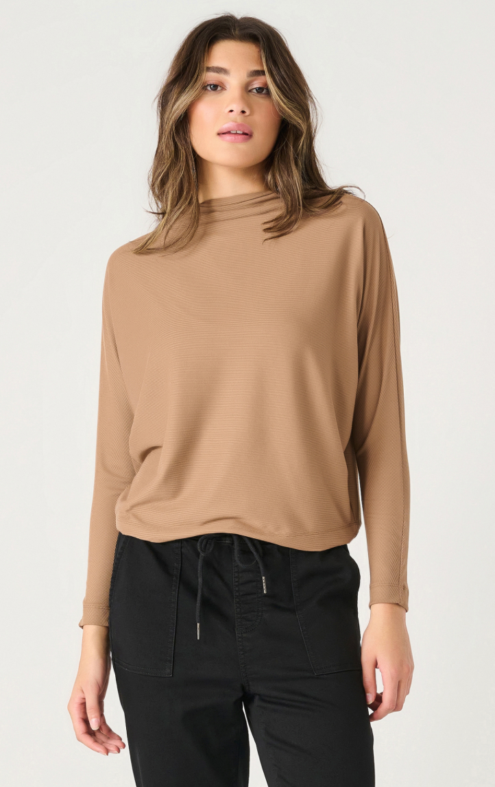 LS Mock Neck Ribbed Top- Camel