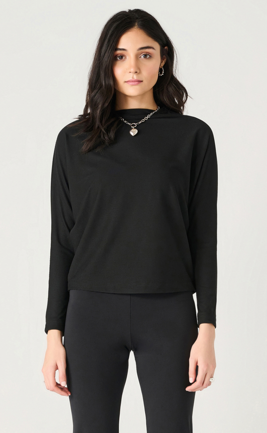 LS Mock Neck Ribbed Top - Black