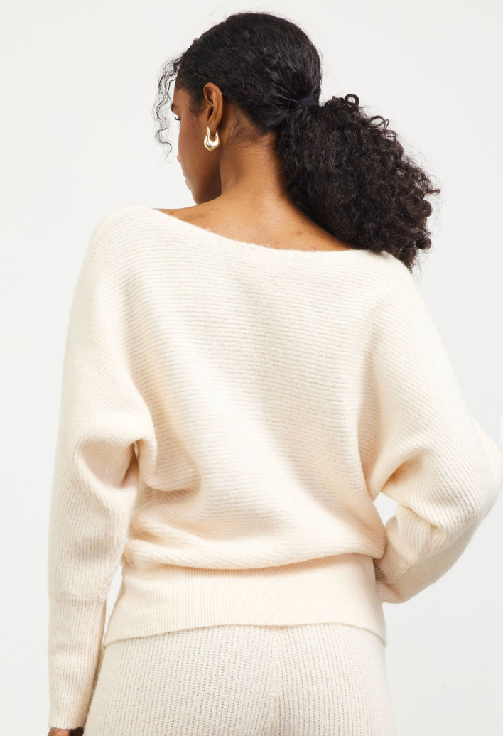 Off Shoulder Rib Knit Sweater - Cream