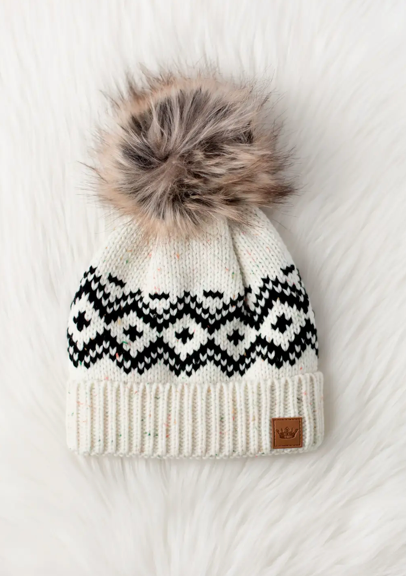 Cream and Speckled Pattern Pom Hat