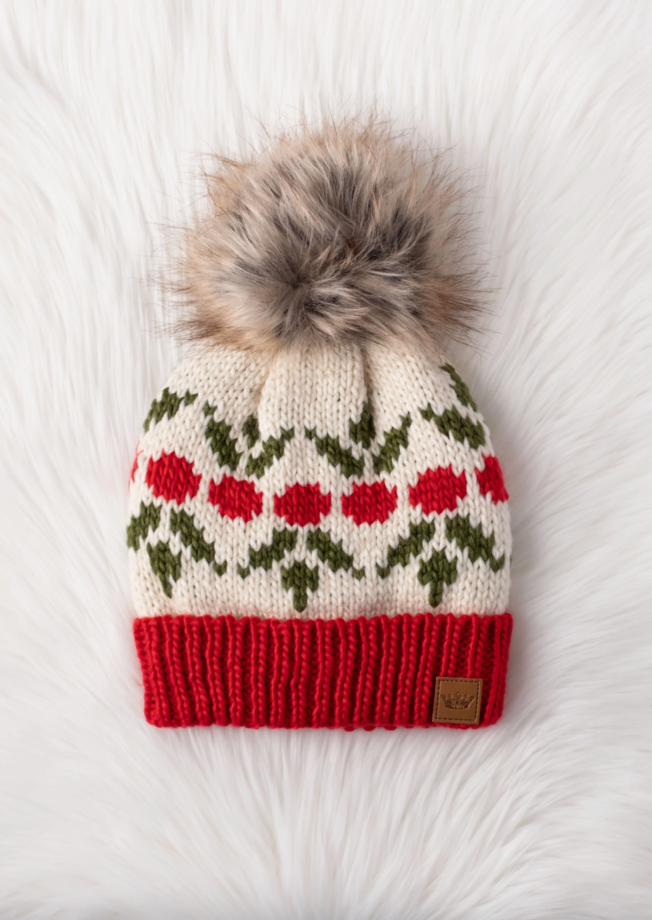 Ivory and Red Cherry Patterned Pom Hat