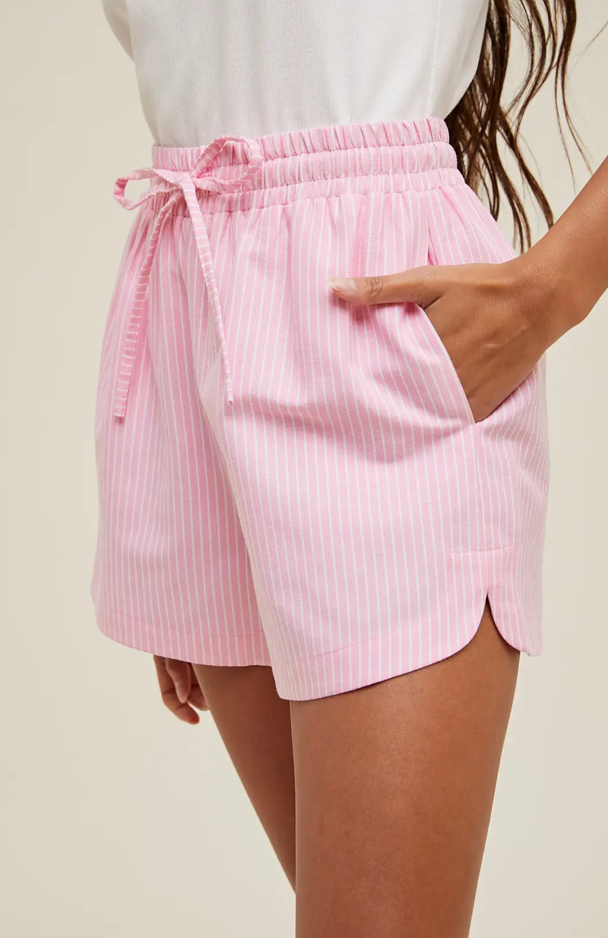 Drawstring Striped Dolphin Hem Shorts - Punch/White