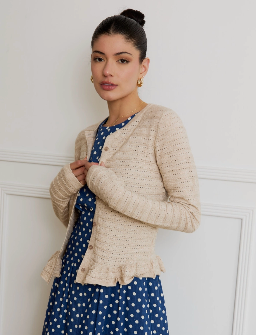 Pointelle Knit Long Sleeve Button Down Ruffled Top