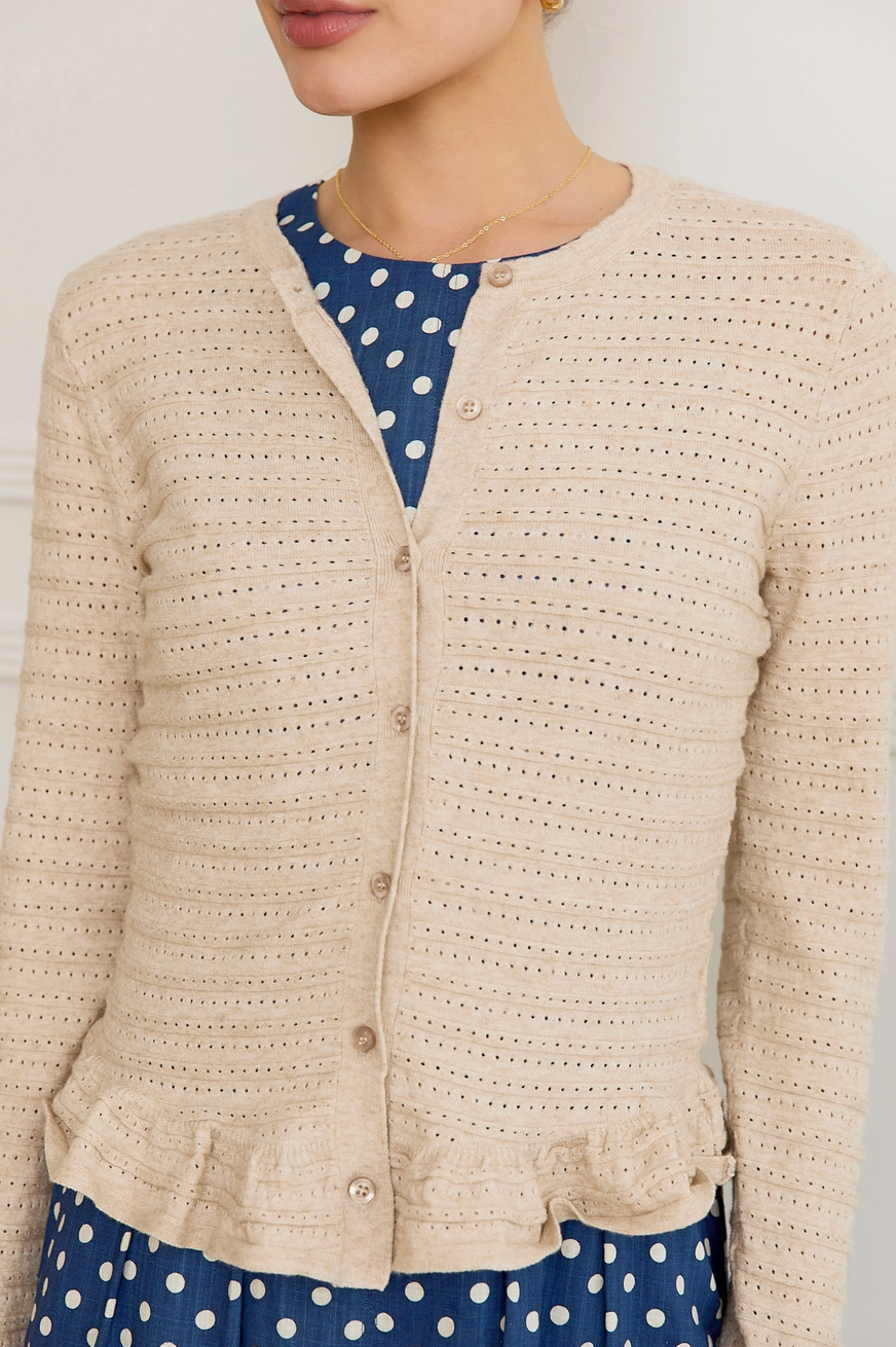 Pointelle Knit Long Sleeve Button Down Ruffled Top