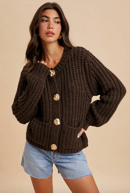 Chocolate Statement Button Cable Sweater