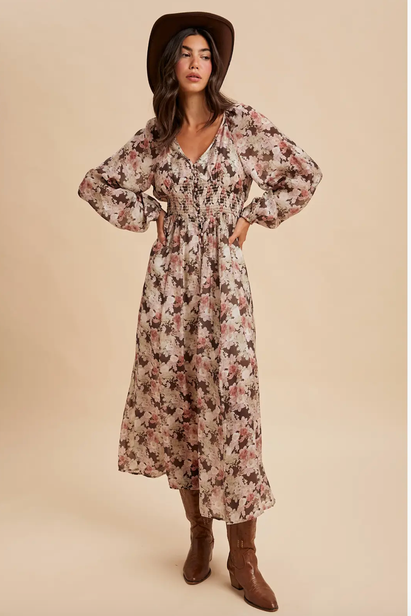 Tencel Floral Smocked Button-Down Maxi Dress