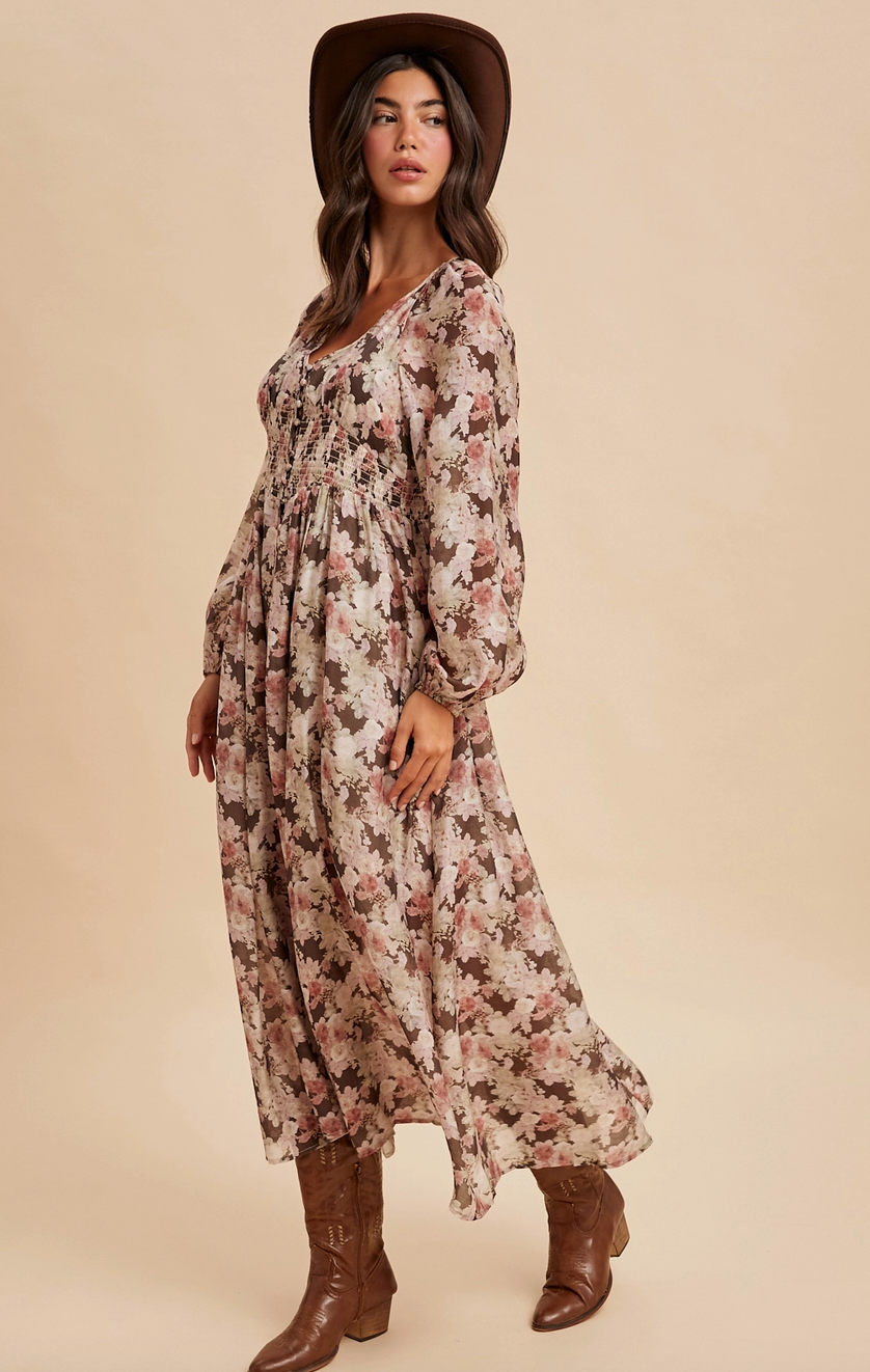 Tencel Floral Smocked Button-Down Maxi Dress