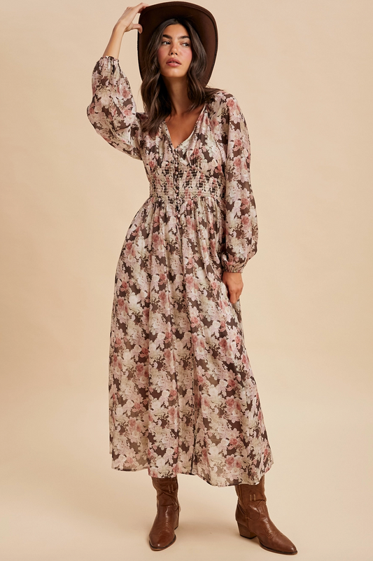 Tencel Floral Smocked Button-Down Maxi Dress