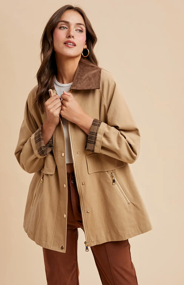 Beige Cotton Chore Jacket  With Corduroy Trim