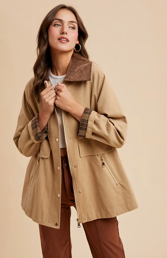 Beige Cotton Chore Jacket  With Corduroy Trim