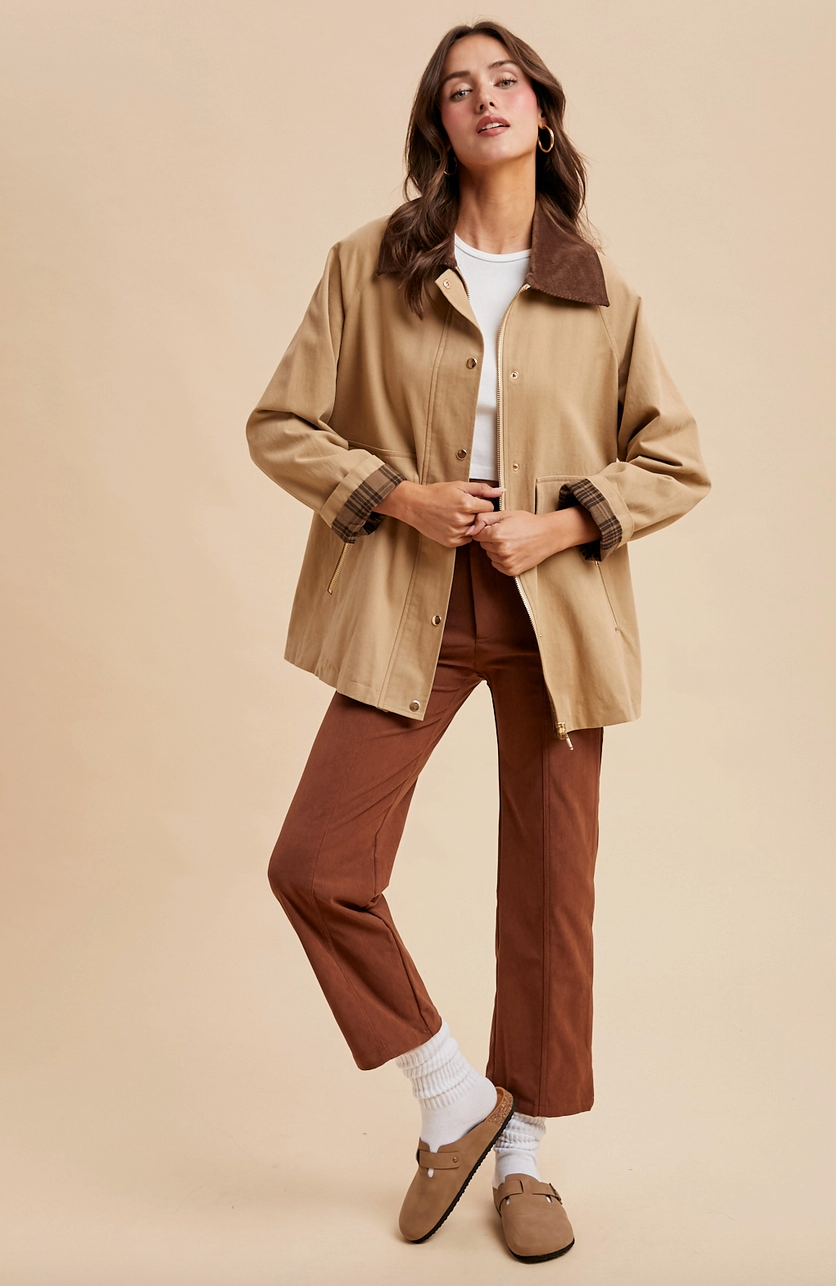 Beige Cotton Chore Jacket  With Corduroy Trim