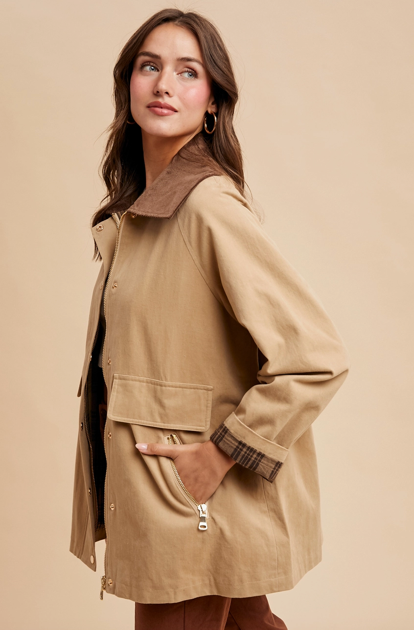 Beige Cotton Chore Jacket  With Corduroy Trim