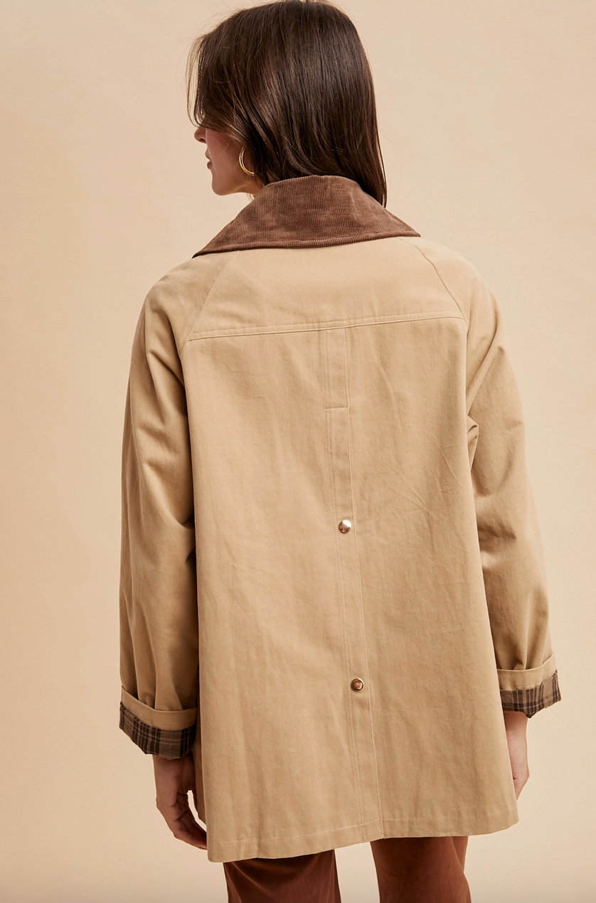 Beige Cotton Chore Jacket  With Corduroy Trim