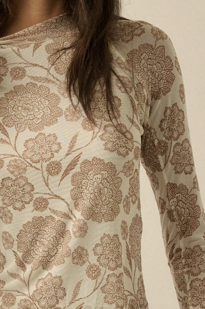 Floral Print Mesh Mock Neck Top