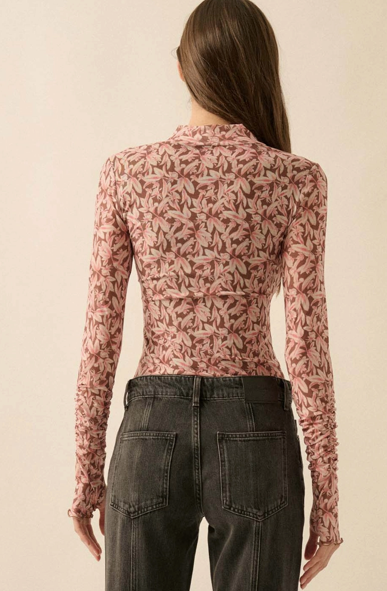 Mesh floral bodysuit - Chocolate