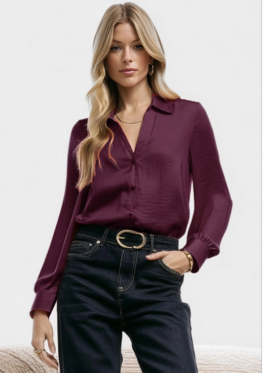 Classic V Neck Button Down Blouse - Merlot