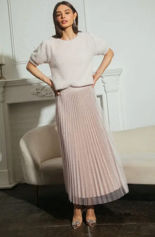 Blush Pleated Shimmer Maxi Skirt