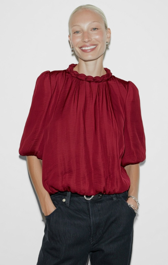 Round Neckline Blouse - Crimson Red