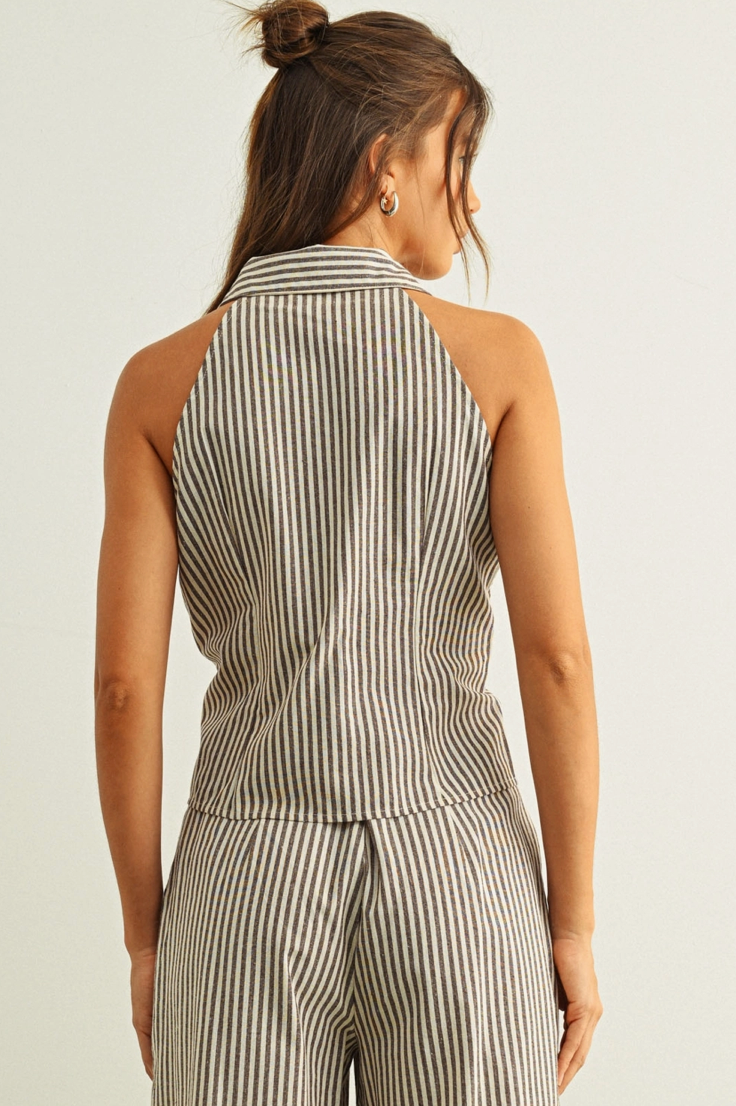 Striped Collared Brown/Cream Sleeveless Button Up Blouse
