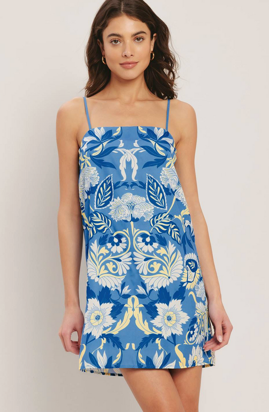 Printed Woven Mini Shift Dress - Blue