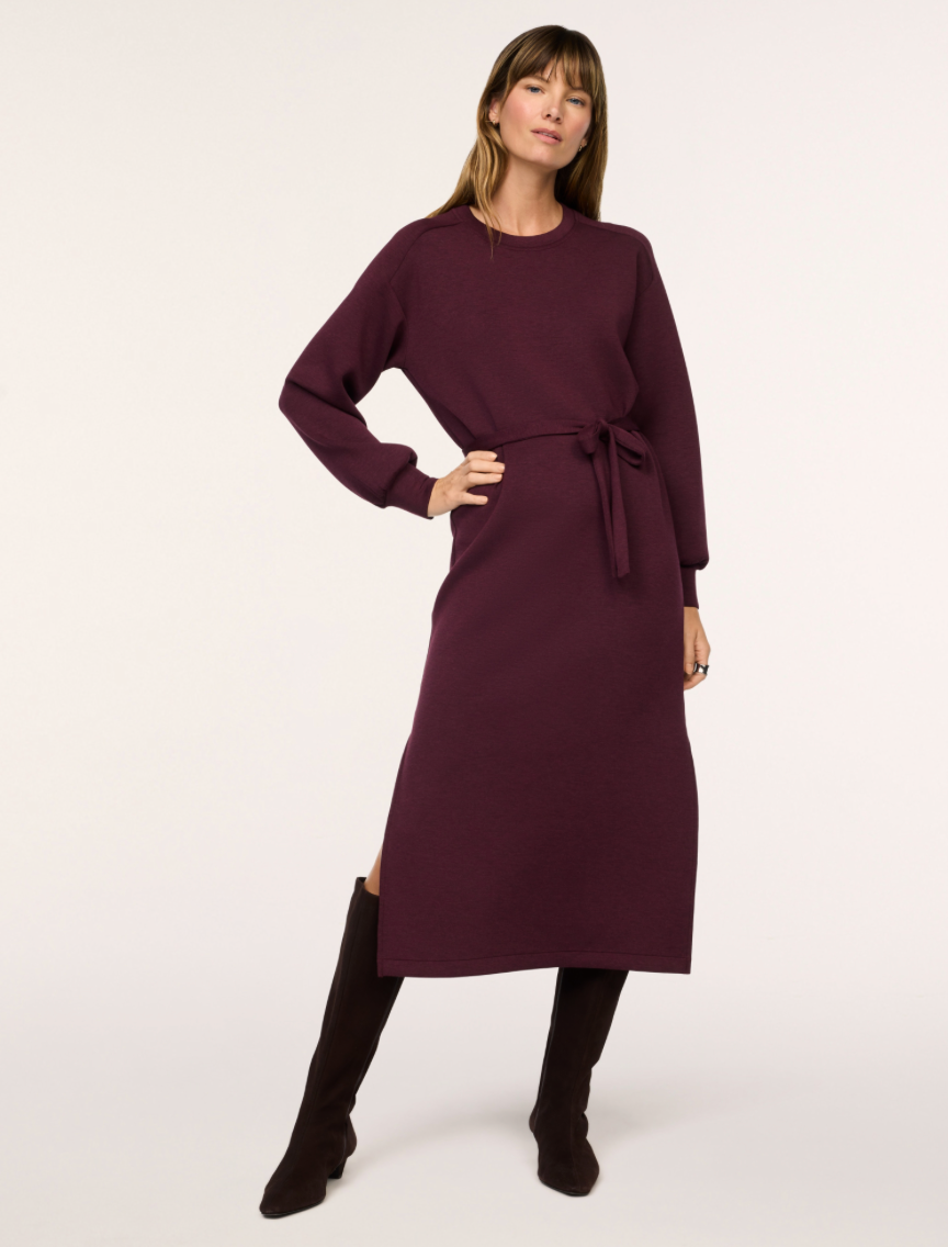 AirEssentials Tie Waist Long Sleeve Dress Fig Noir Heather