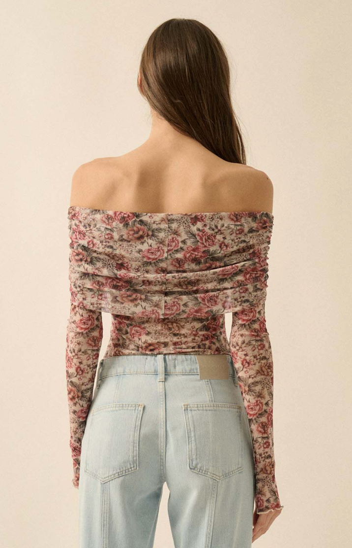 Floral Mesh Long-Sleeve Off-Shoulder Bodysuit - Preorder
