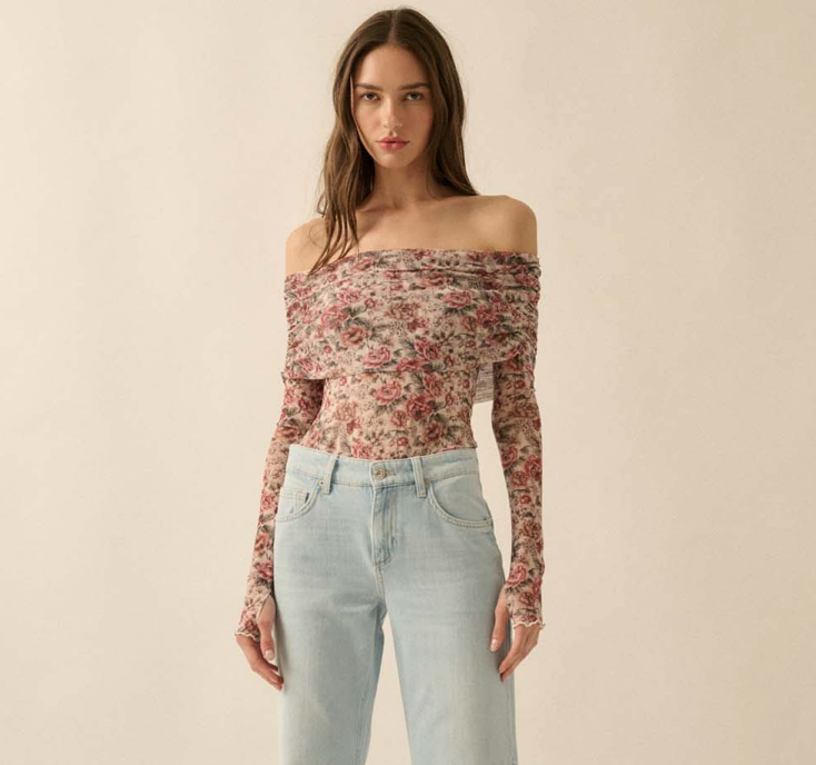Floral Mesh Long-Sleeve Off-Shoulder Bodysuit - Preorder