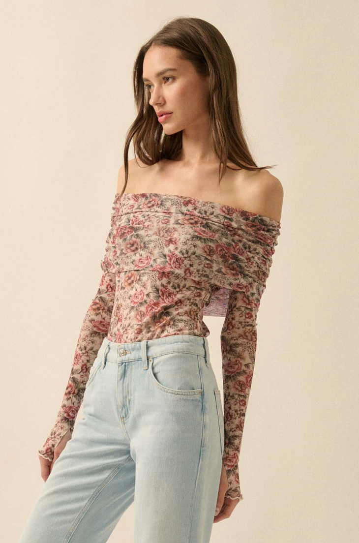 Floral Mesh Long-Sleeve Off-Shoulder Bodysuit - Preorder