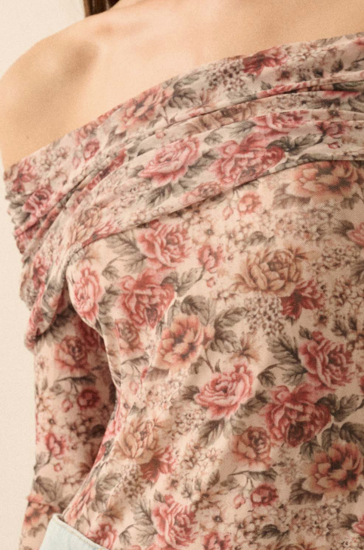 Floral Mesh Long-Sleeve Off-Shoulder Bodysuit - Preorder