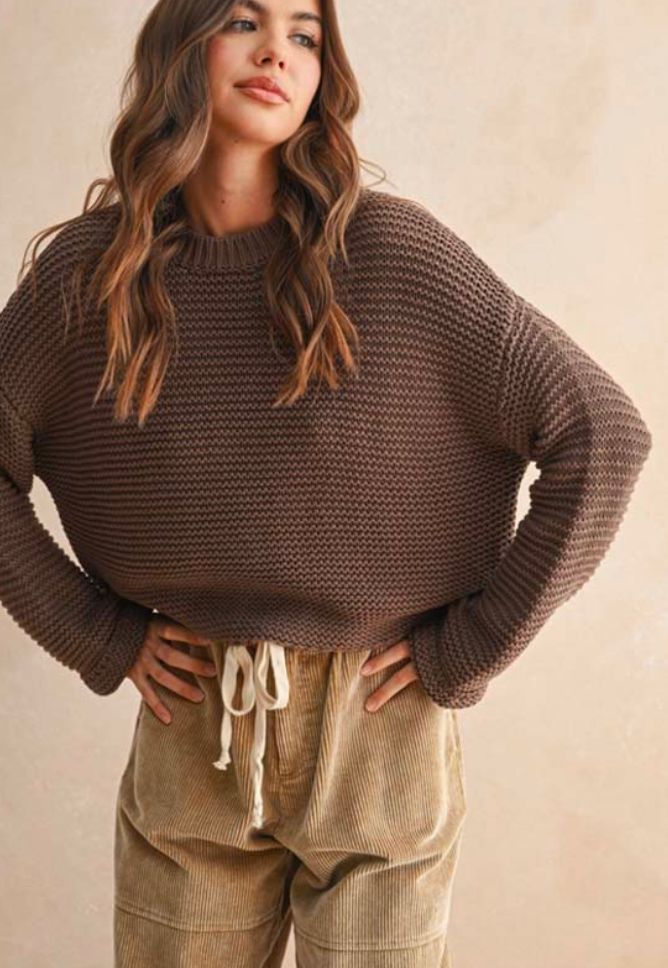 Round Neck Knitted Sweater - Chocolate