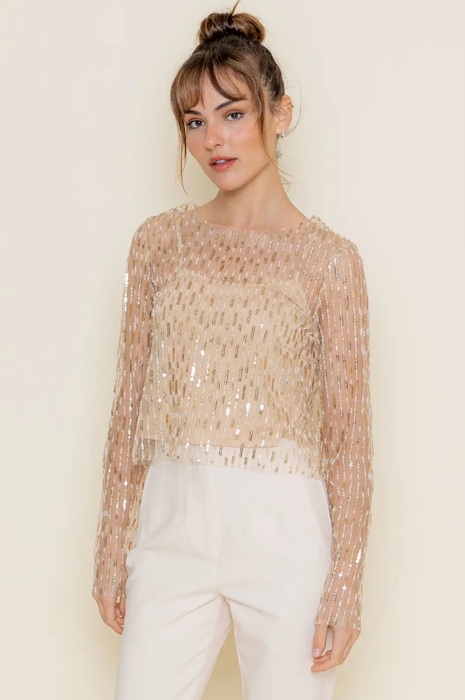 Chic Gold Intricate Beaded Mesh Long Sleeve Top