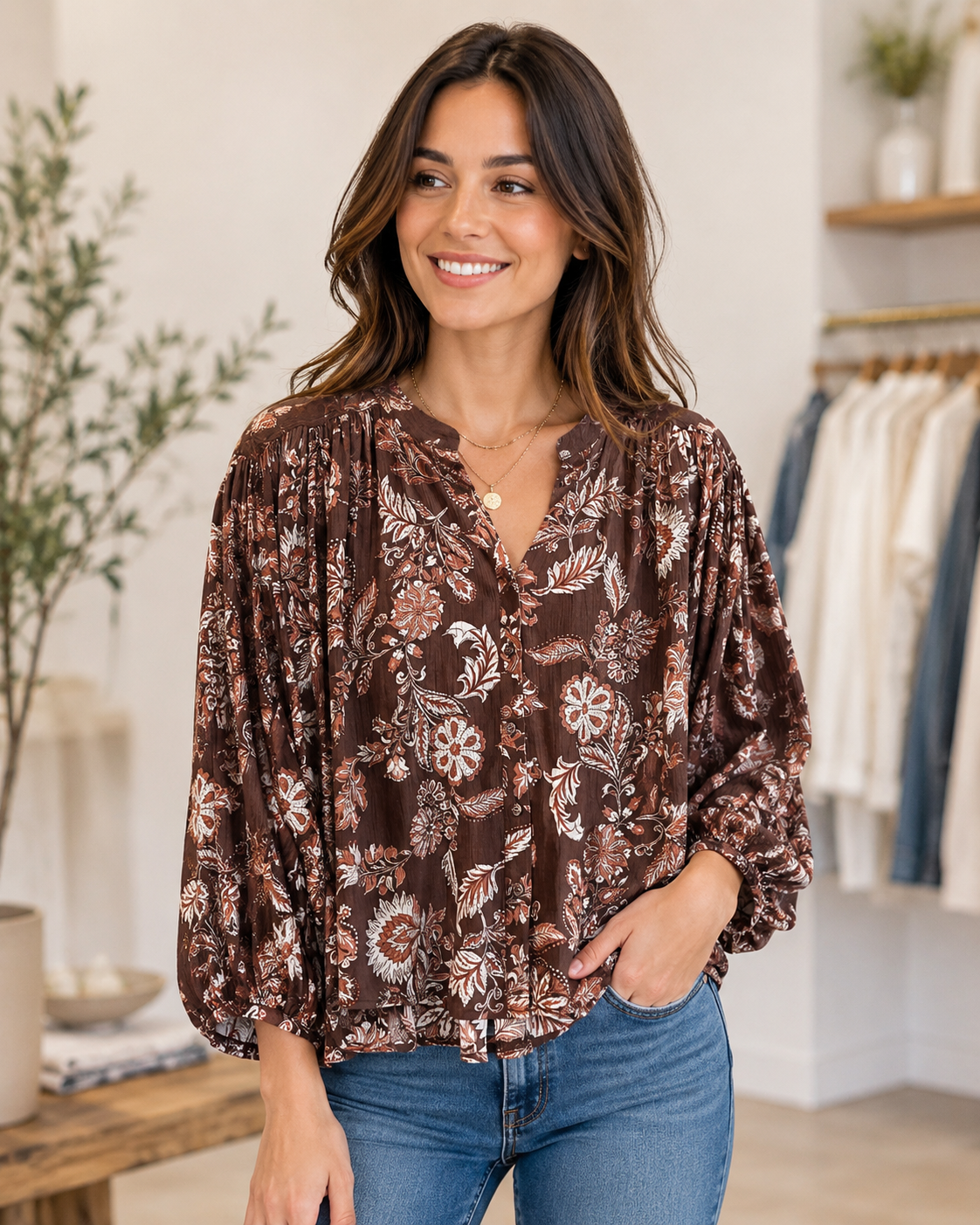 Harlan Long Sleeve Print Blouse in Vintage Brown