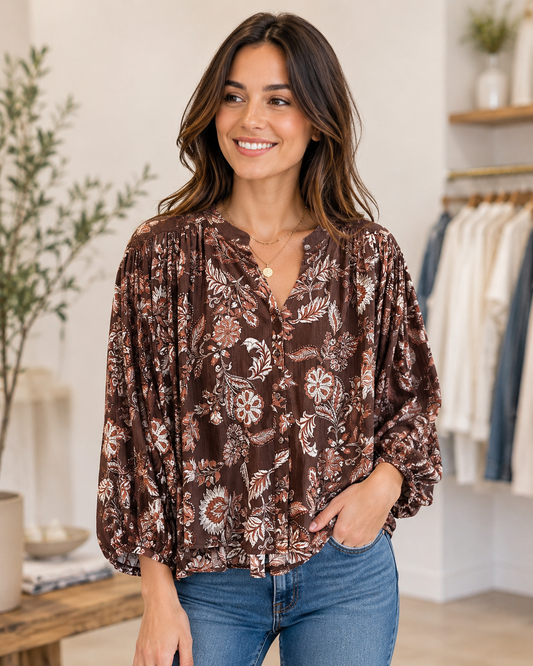Harlan Long Sleeve Print Blouse in Vintage Brown
