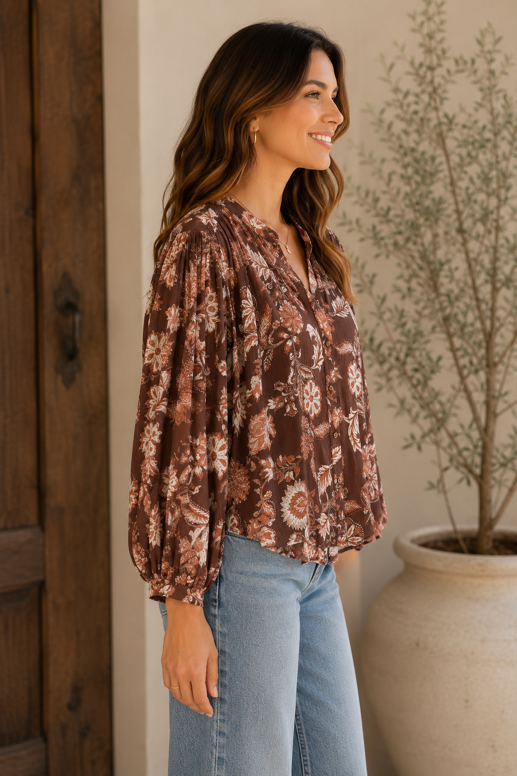 Harlan Long Sleeve Print Blouse in Vintage Brown