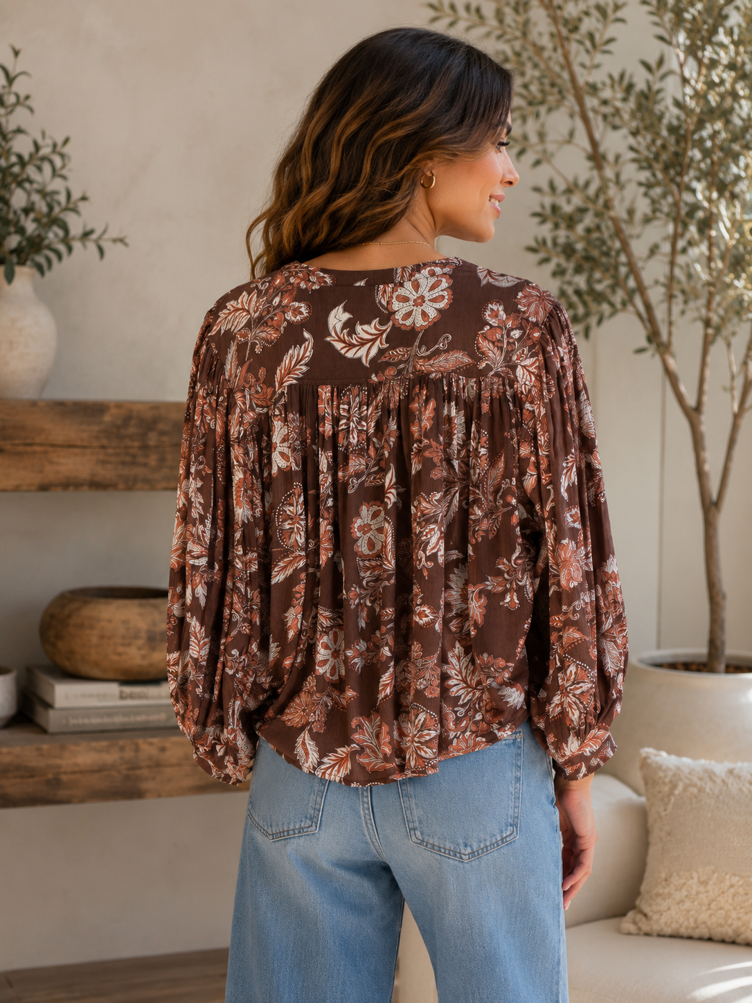 Harlan Long Sleeve Print Blouse in Vintage Brown