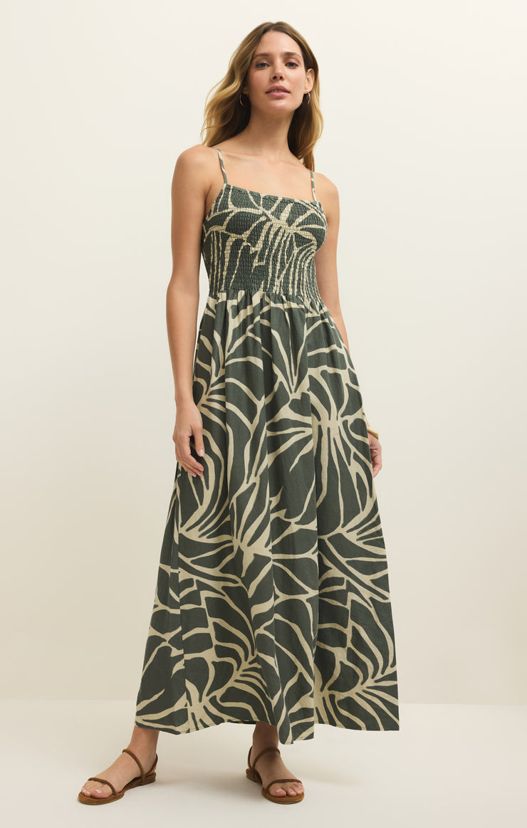 Bayside Tova Palm Linen Maxi Dress - Tea Leaf