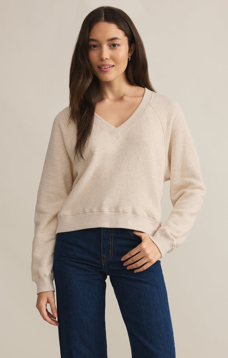 Avenue V-Neck Fleece Sweatshirt  - Light Oatmeal Heather