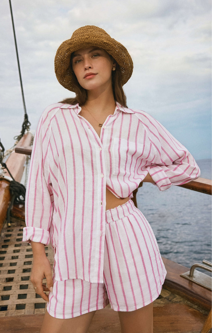 Perfect Linen Striped Top - Spanish Rose