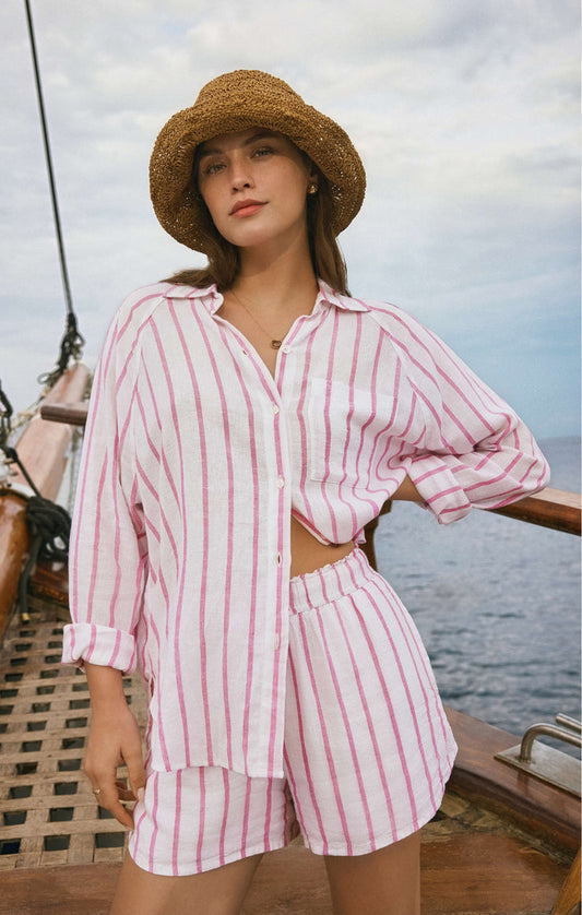 Perfect Linen Striped Top - Spanish Rose