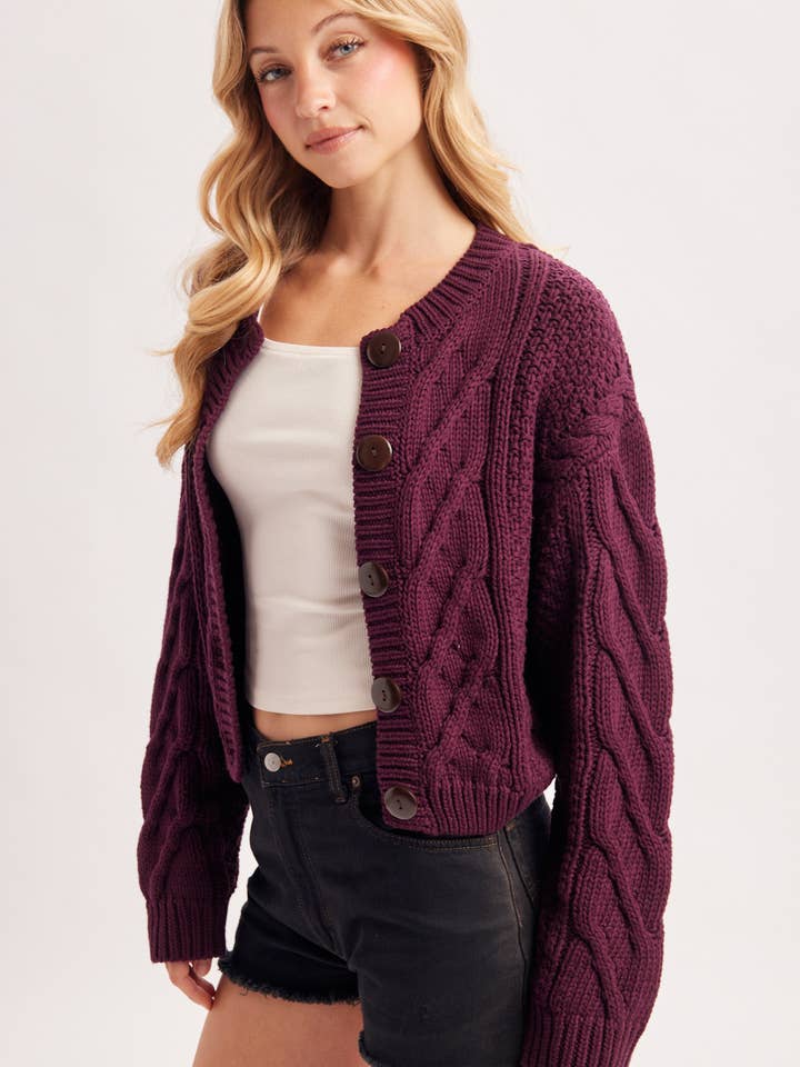Cropped Button Front Cable Knit Cardigan - Plum