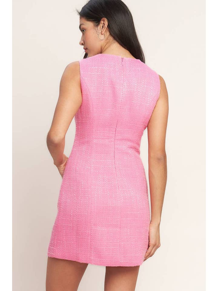 Bubblegum Pink Embellished Button Down Tweed Dress