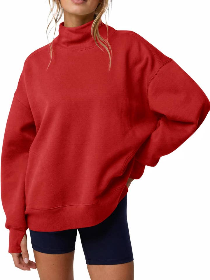 Mock Neck Oversized Women's Sweatshirt Solid Pullover Top